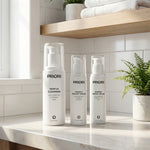 3 Step Skincare Healing Face Routine. Three PRIORI skincare bottles on a marble countertop in a bright bathroom setting: Gentle Cleanser, Repair & Prevent Serum, and Barrier Repair Cream.