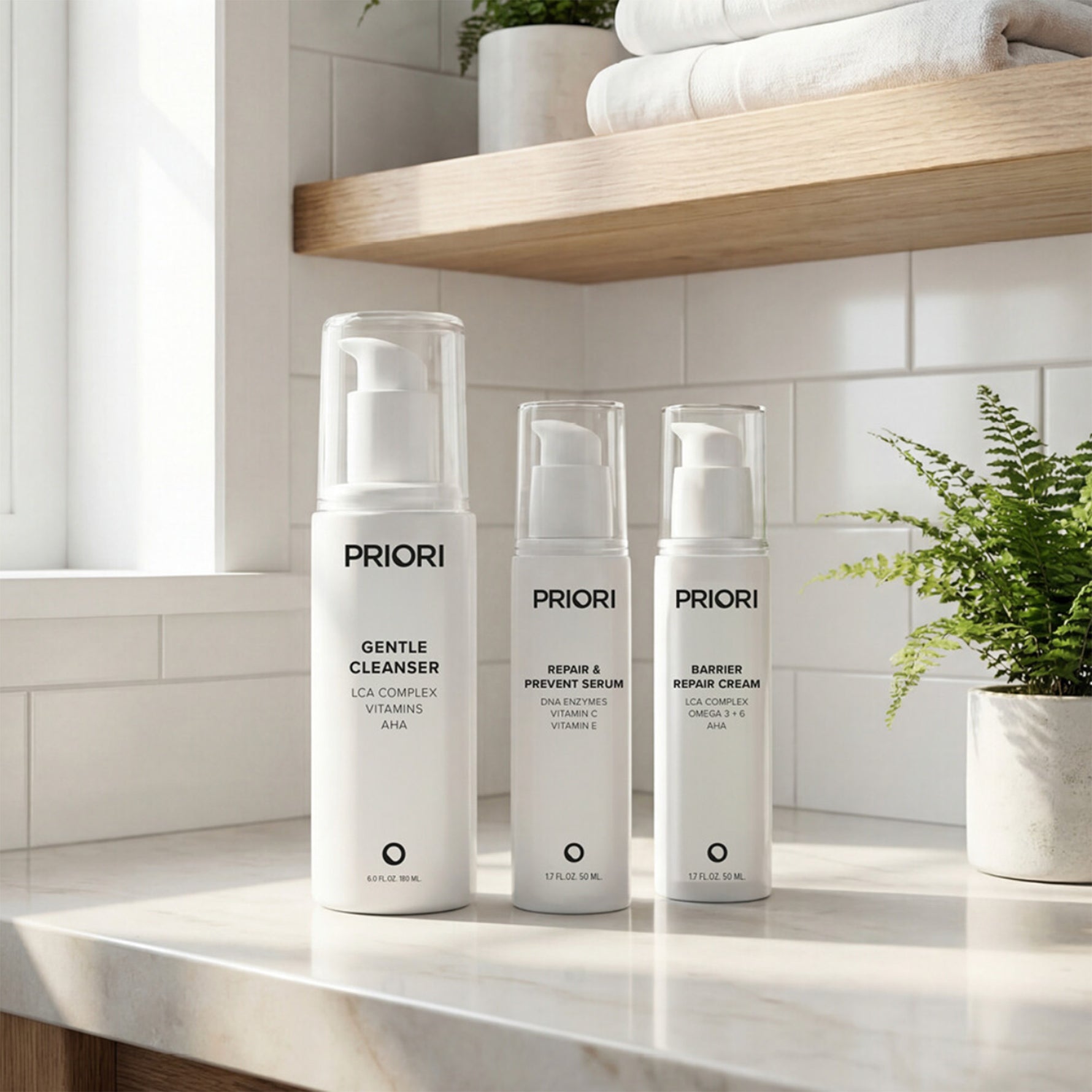 3 Step Skincare Healing Face Routine. Three PRIORI skincare bottles on a marble countertop in a bright bathroom setting: Gentle Cleanser, Repair & Prevent Serum, and Barrier Repair Cream.