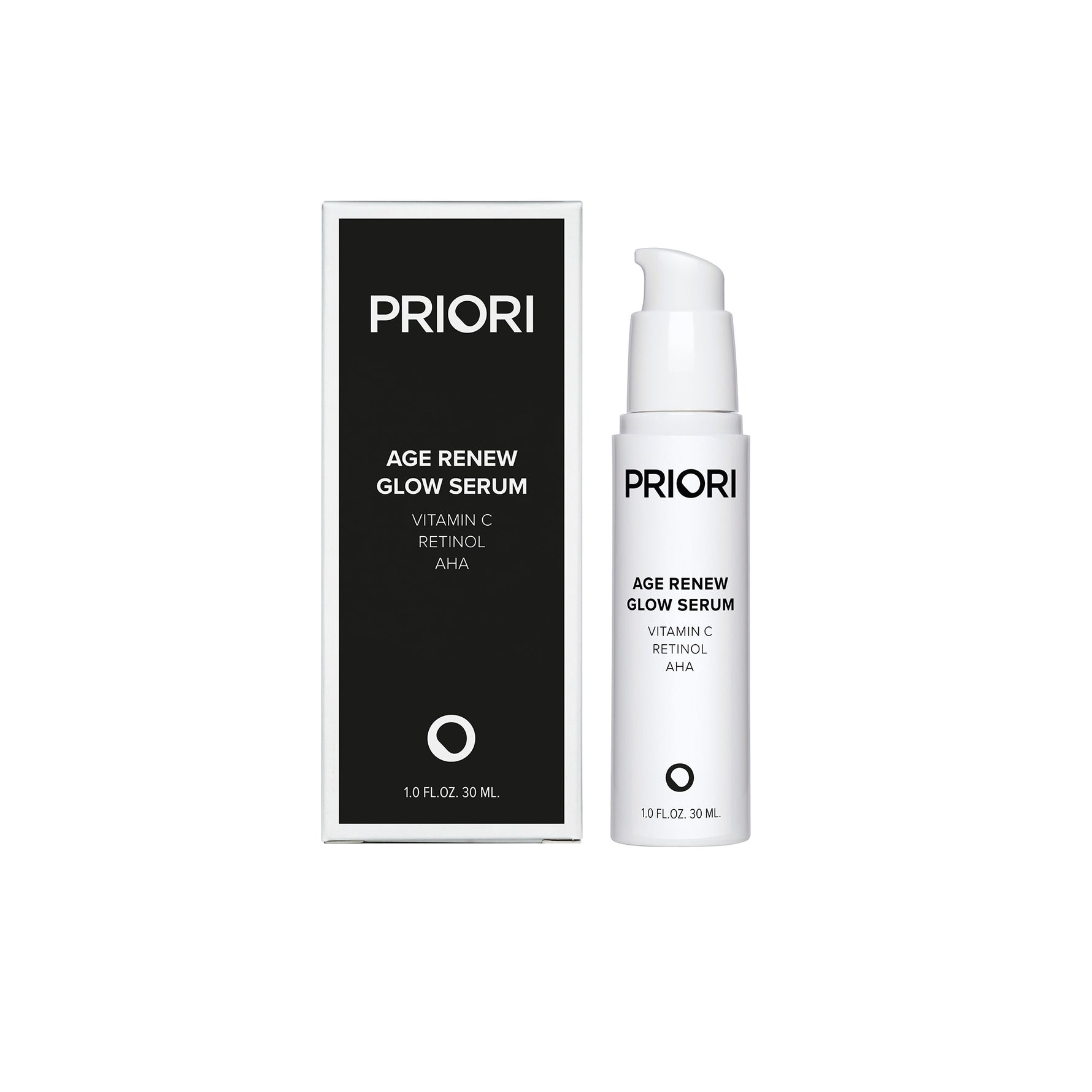 Priori Age Renew Glow Serum Anti aging cream with retinol, Vitamin C, and AHA with packaging on a white background