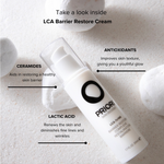 A white skincare pump bottle labeled PRIORI LCA Barrier Restore Cream, shown on a light textured surface with white bath stones and overlaid text describing ingredients and benefits.