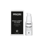 PRIORI Repair & Correct Eye Cream with Retinol shown with its black and white retail box and the white pump bottle on a plain white background.