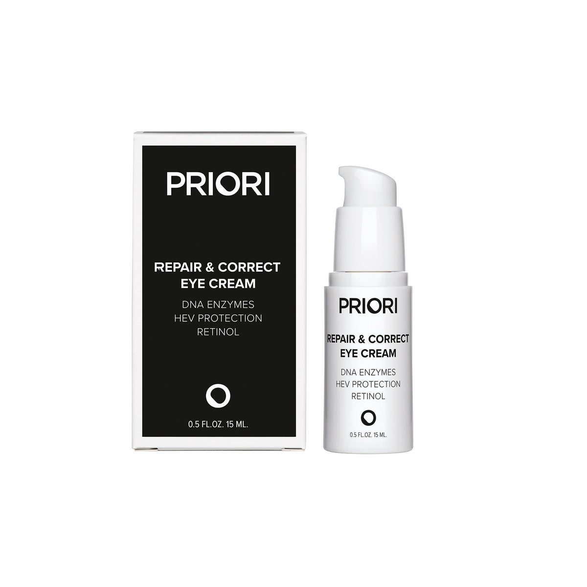 PRIORI Repair & Correct Eye Cream with Retinol shown with its black and white retail box and the white pump bottle on a plain white background.