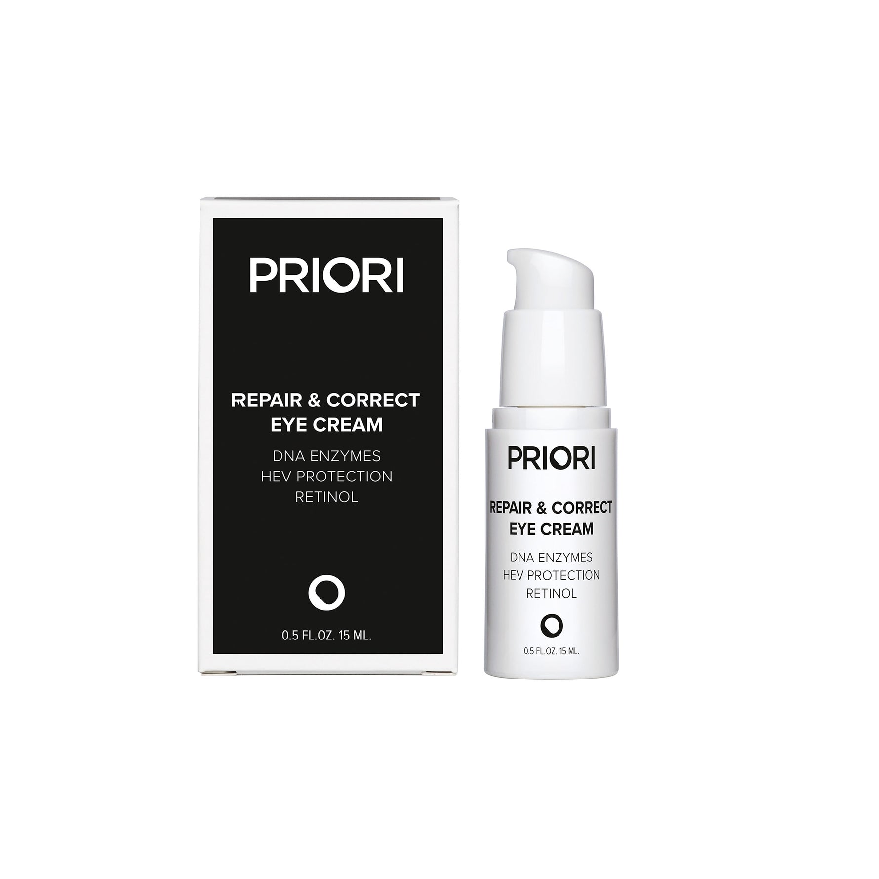 PRIORI Repair & Correct Eye Cream with Retinol shown with its black and white retail box and the white pump bottle on a plain white background.