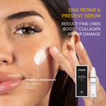 Priori DNA Repair Serum reduces fine lines and boosts collagen. Model applying serum to face on purple background