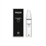 PRIORI Skin Renewal Serum shown with its black and white retail box and the white pump bottle on a plain white background.
