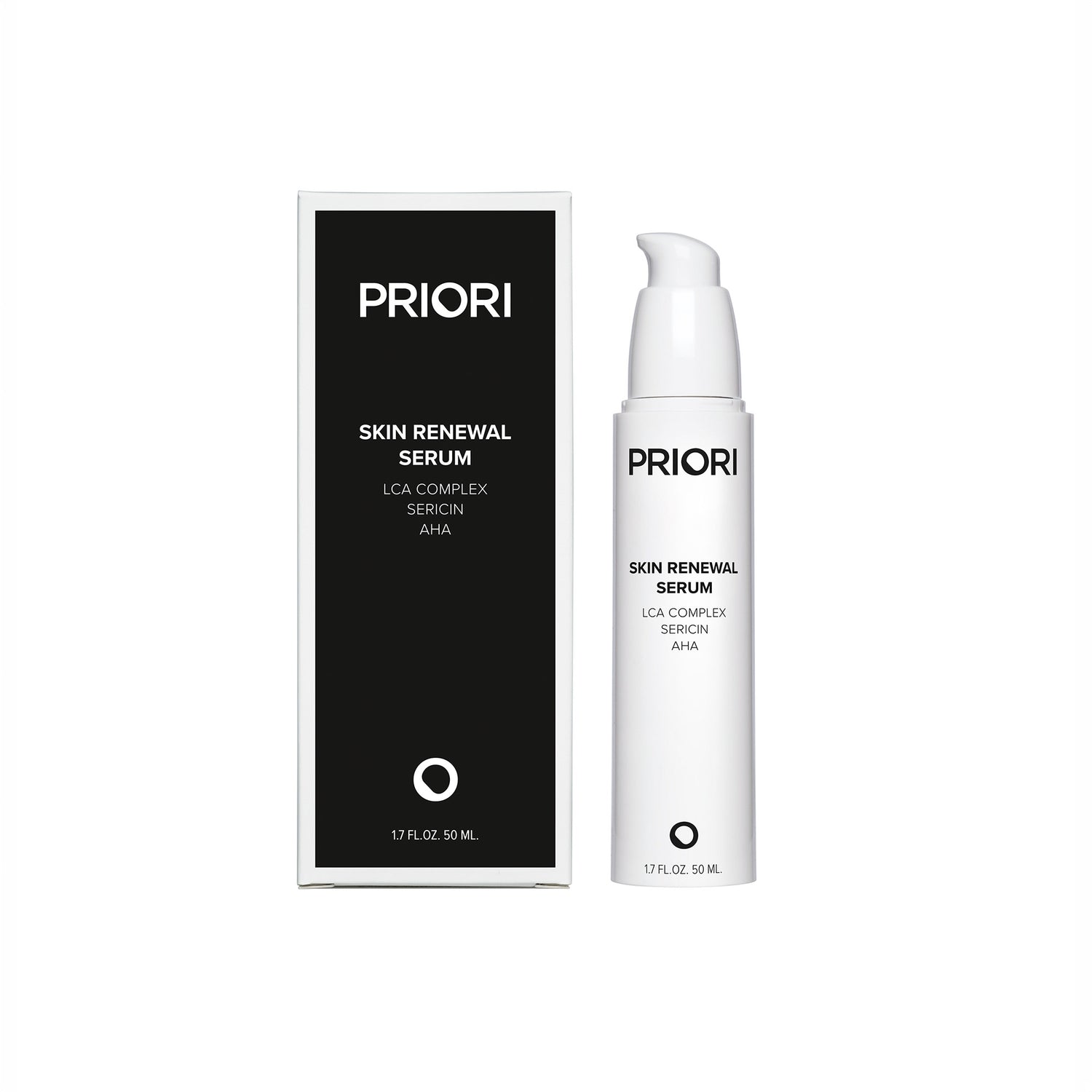 PRIORI Skin Renewal Serum shown with its black and white retail box and the white pump bottle on a plain white background.