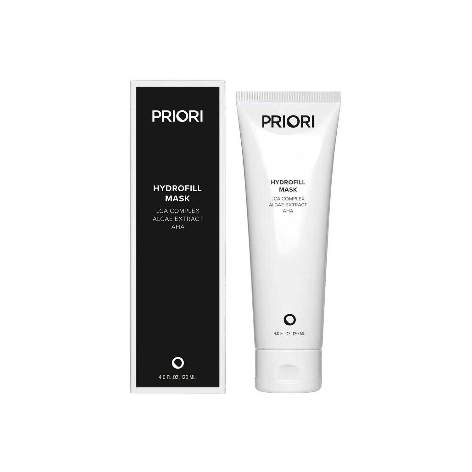 PRIORI Hydrofill Mask shown with its black and white retail box and a white squeeze tube on a plain white background.