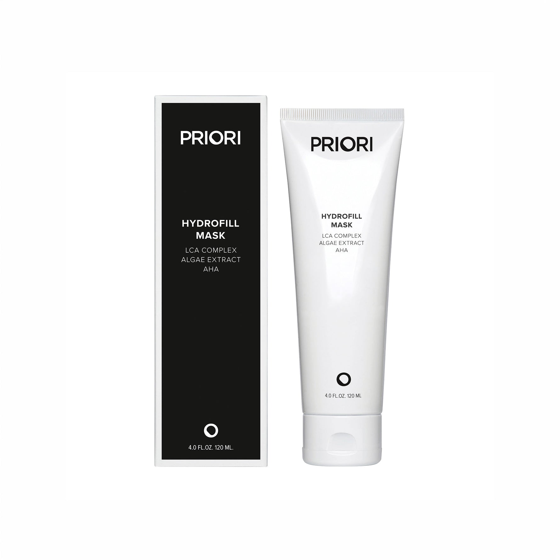 PRIORI Hydrofill Mask shown with its black and white retail box and a white squeeze tube on a plain white background.