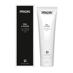 Priori LCA Peel & Exfoliating Face Scrub new product packaging on a white background