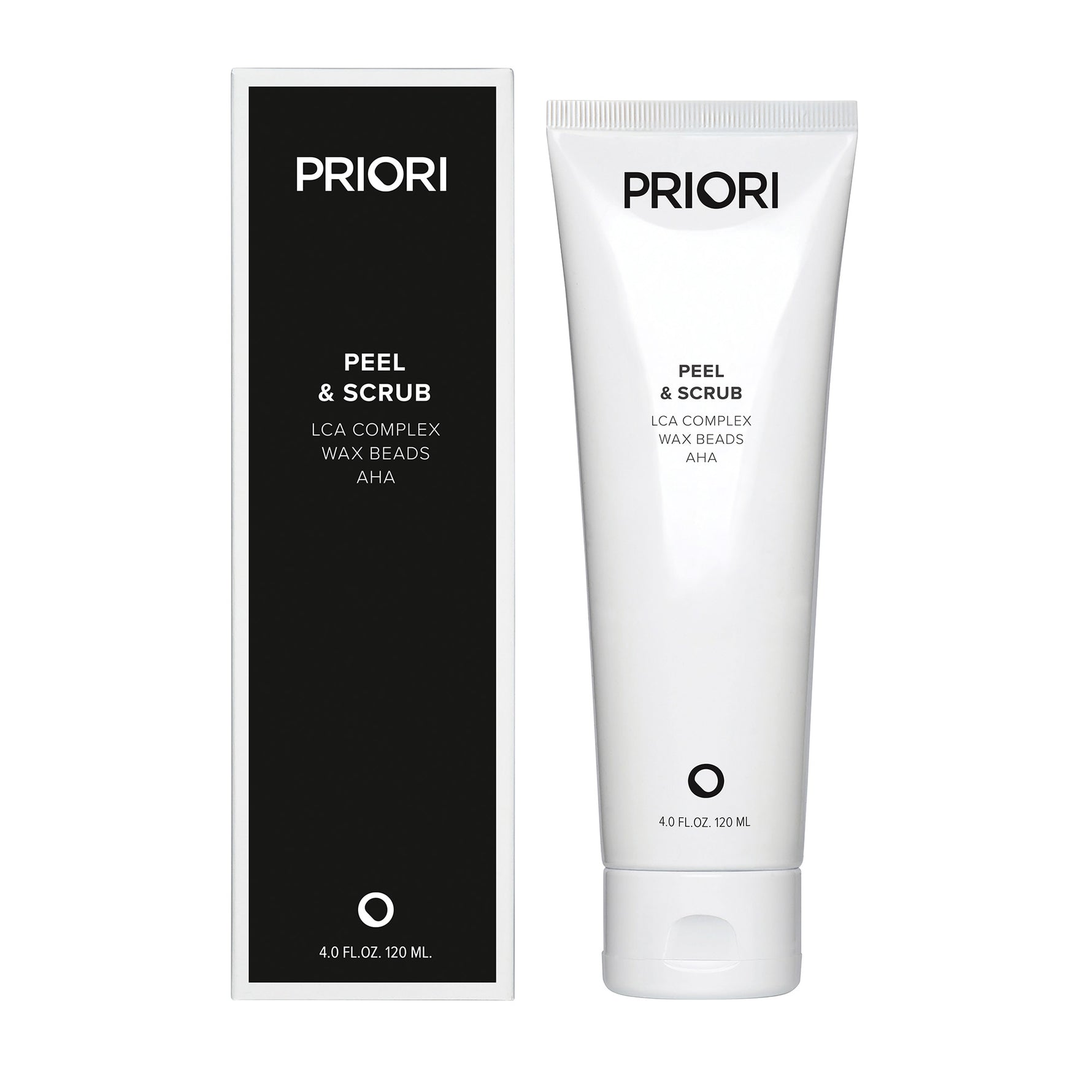 Priori LCA Peel & Exfoliating Face Scrub new product packaging on a white background