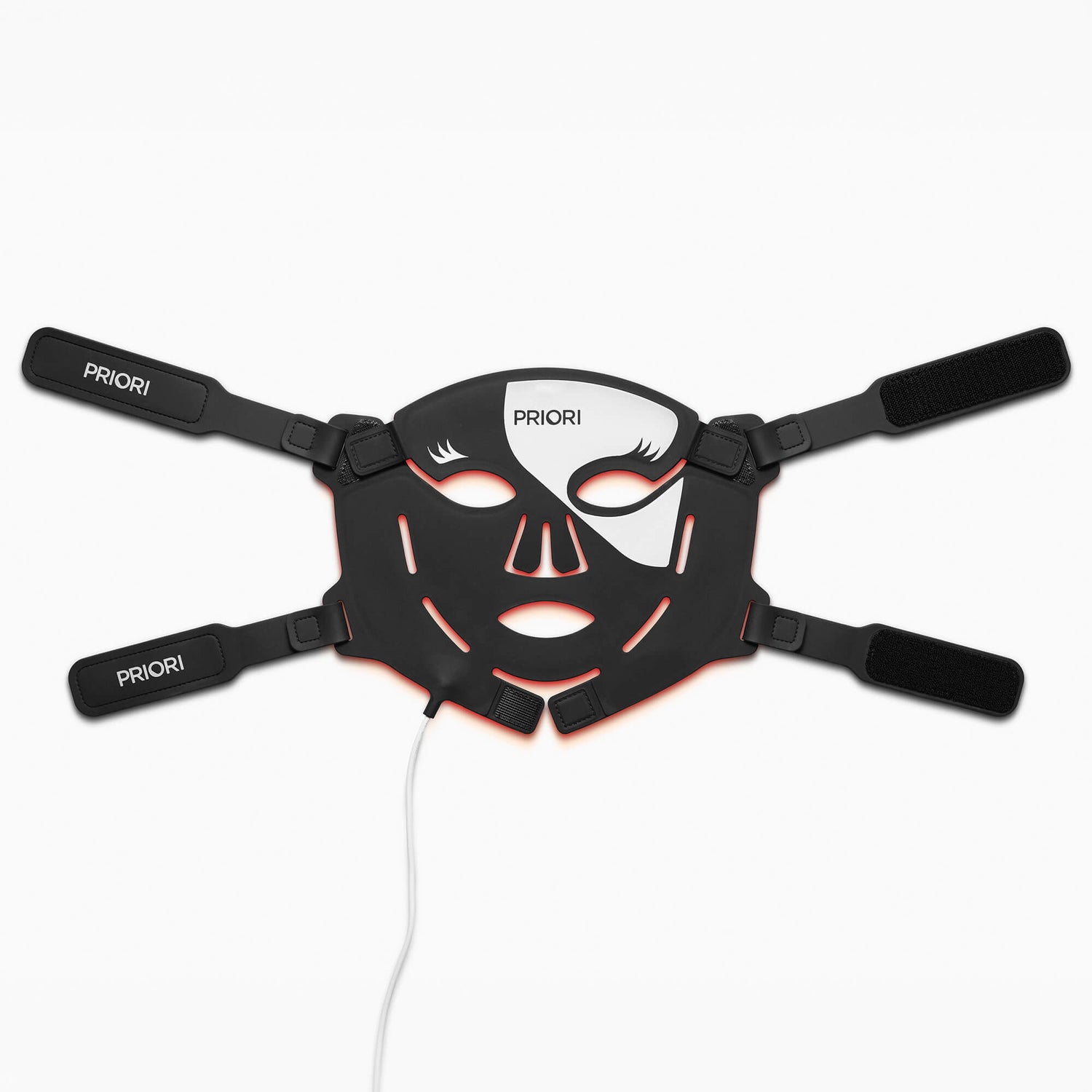 PRIORI Unveiled Red Light LED Face Mask in Black and White - Flatlay with LED infrared lights on