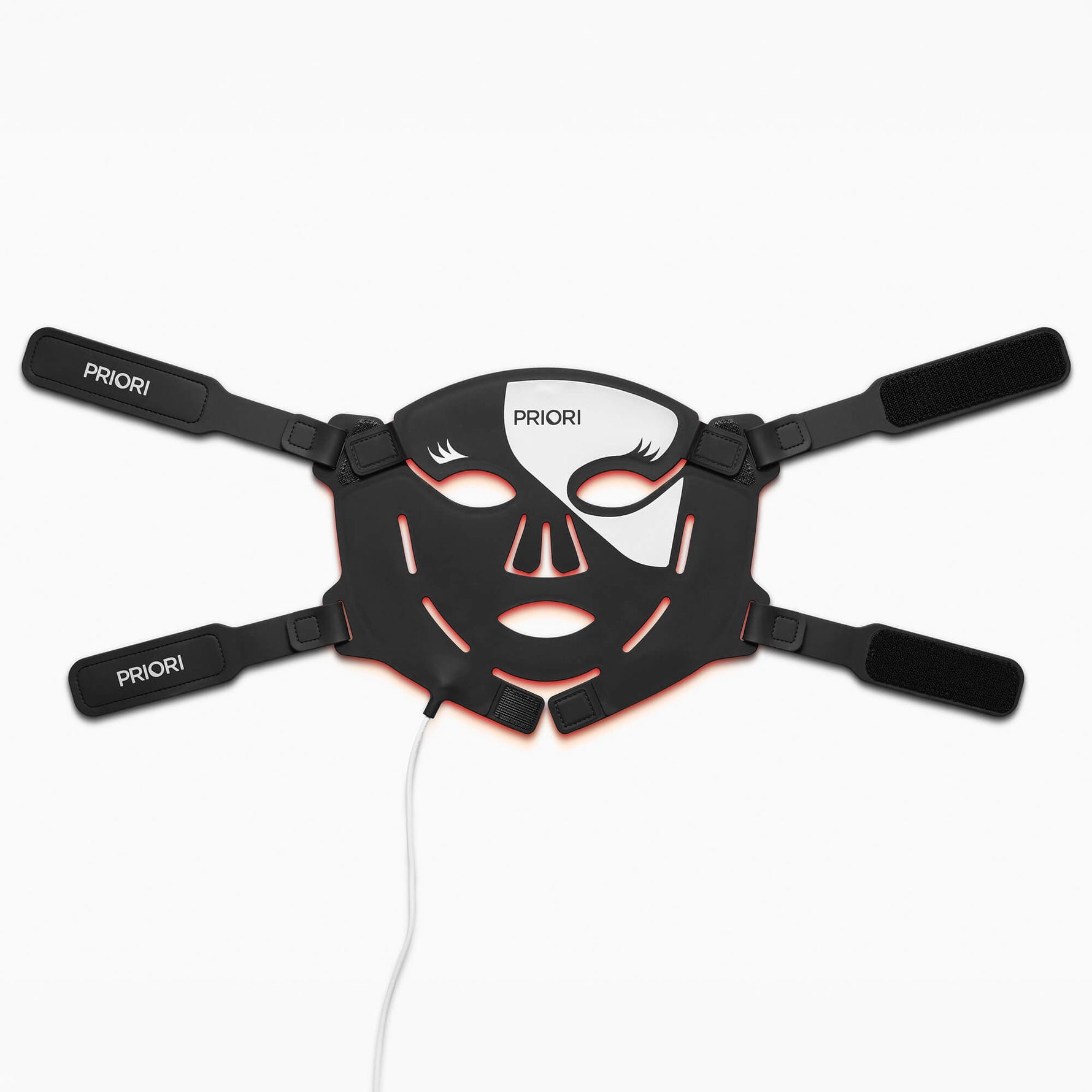 PRIORI Unveiled Red Light LED Face Mask in Black and White - Flatlay with LED infrared lights on