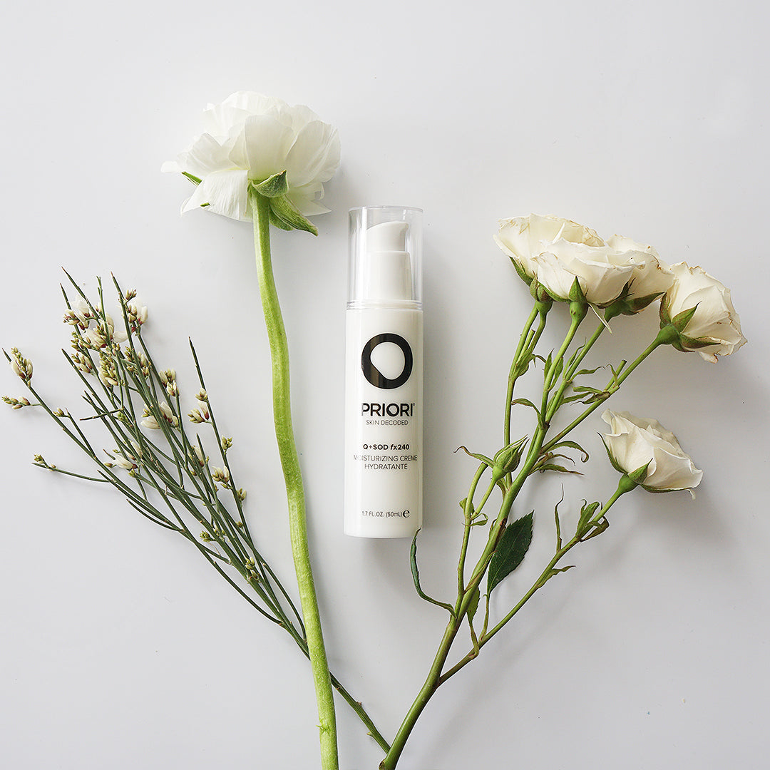 PRIORI Skincare Q+ SOD Moisturizing Cream with Retinol, CoQ10, LCA Complex Bottle with Flowers
