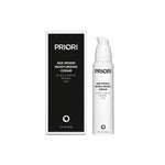 PRIORI Age Renew Moisturizing Cream with Retinol shown with its black and white outer box and the white pump bottle itself on a plain white background.