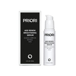 PRIORI Age Renew Skin Brightening Serum with Retinol shown with its black and white retail box and a white pump bottle on a clean white background.
