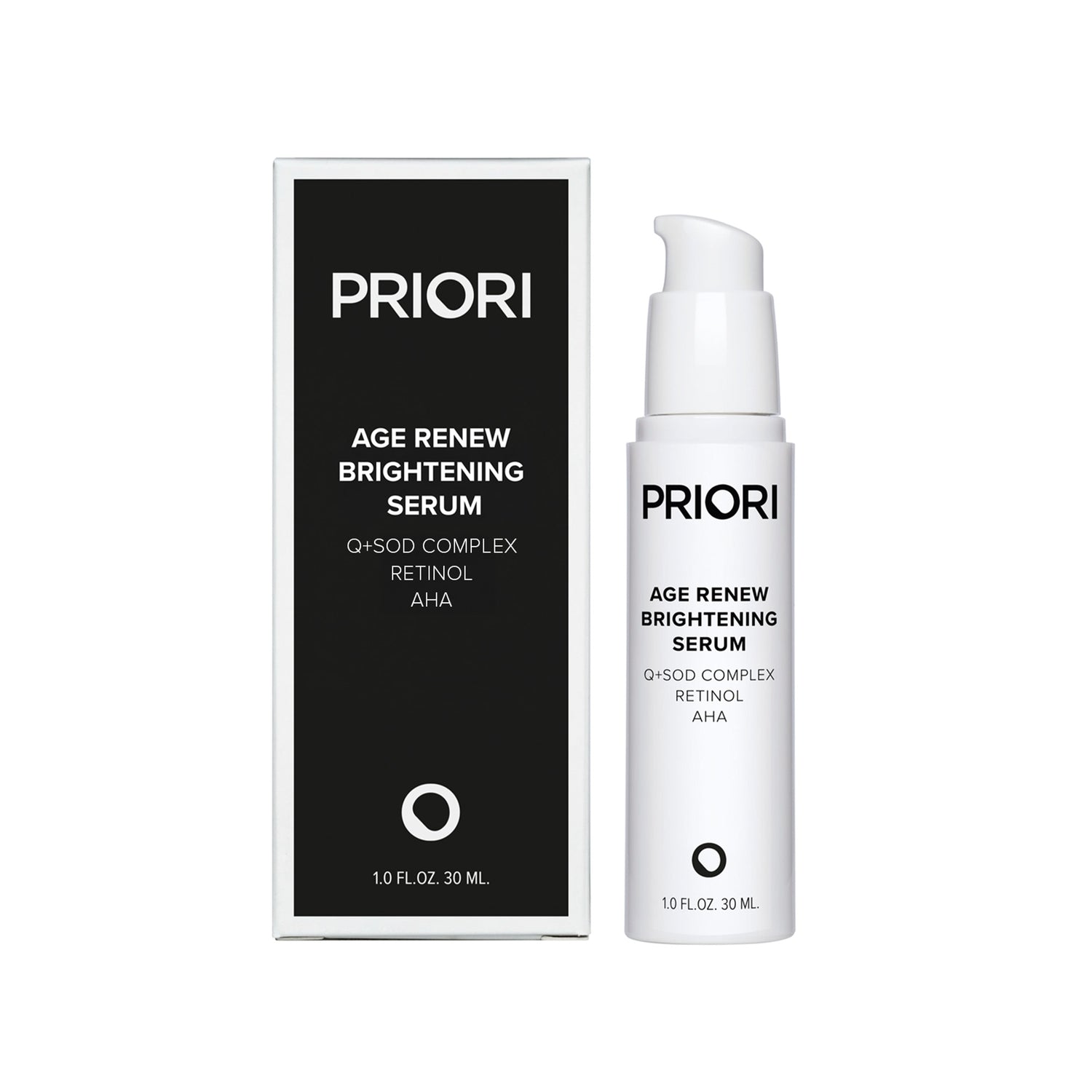 PRIORI Age Renew Skin Brightening Serum with Retinol shown with its black and white retail box and a white pump bottle on a clean white background.