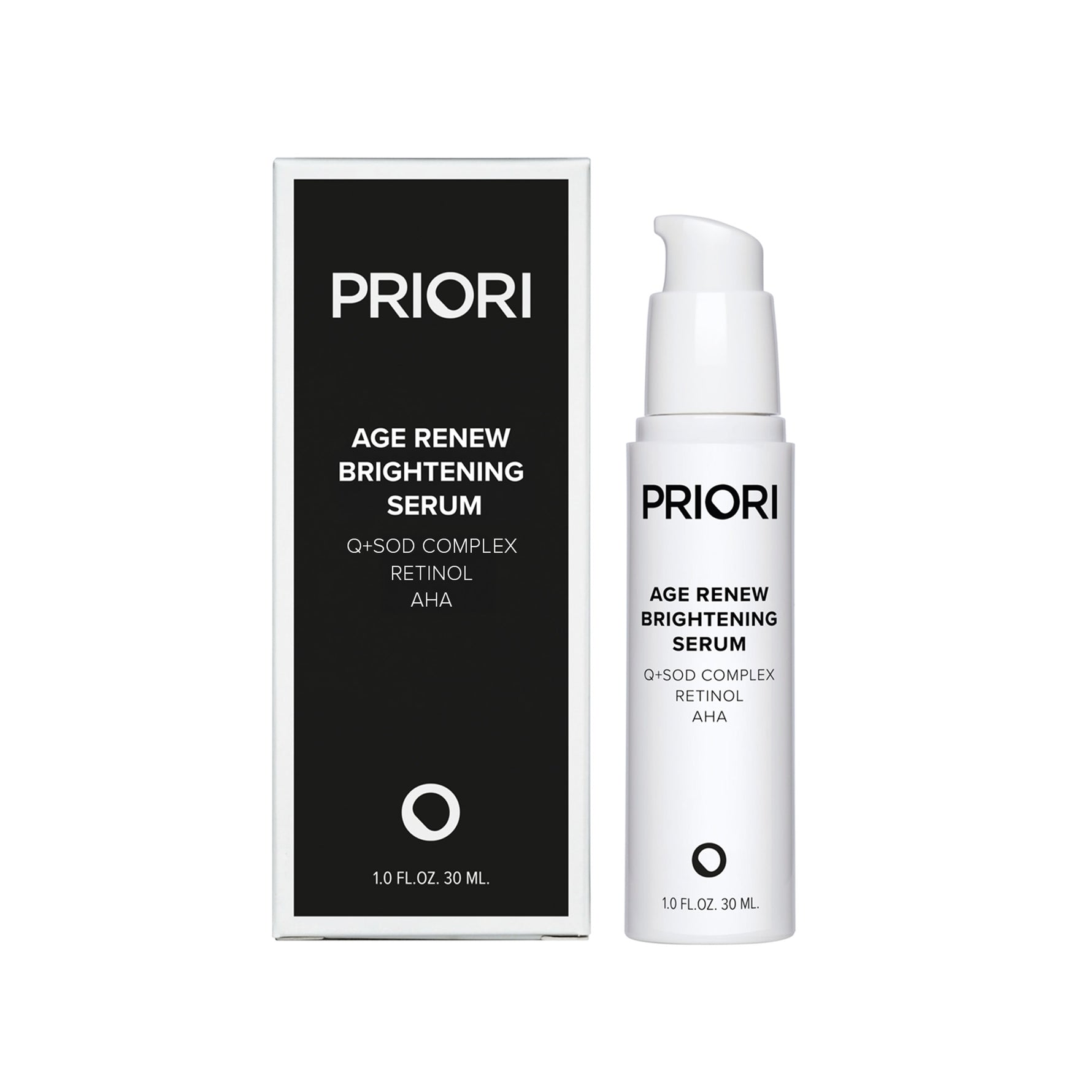 PRIORI Age Renew Skin Brightening Serum with Retinol shown with its black and white retail box and a white pump bottle on a clean white background.