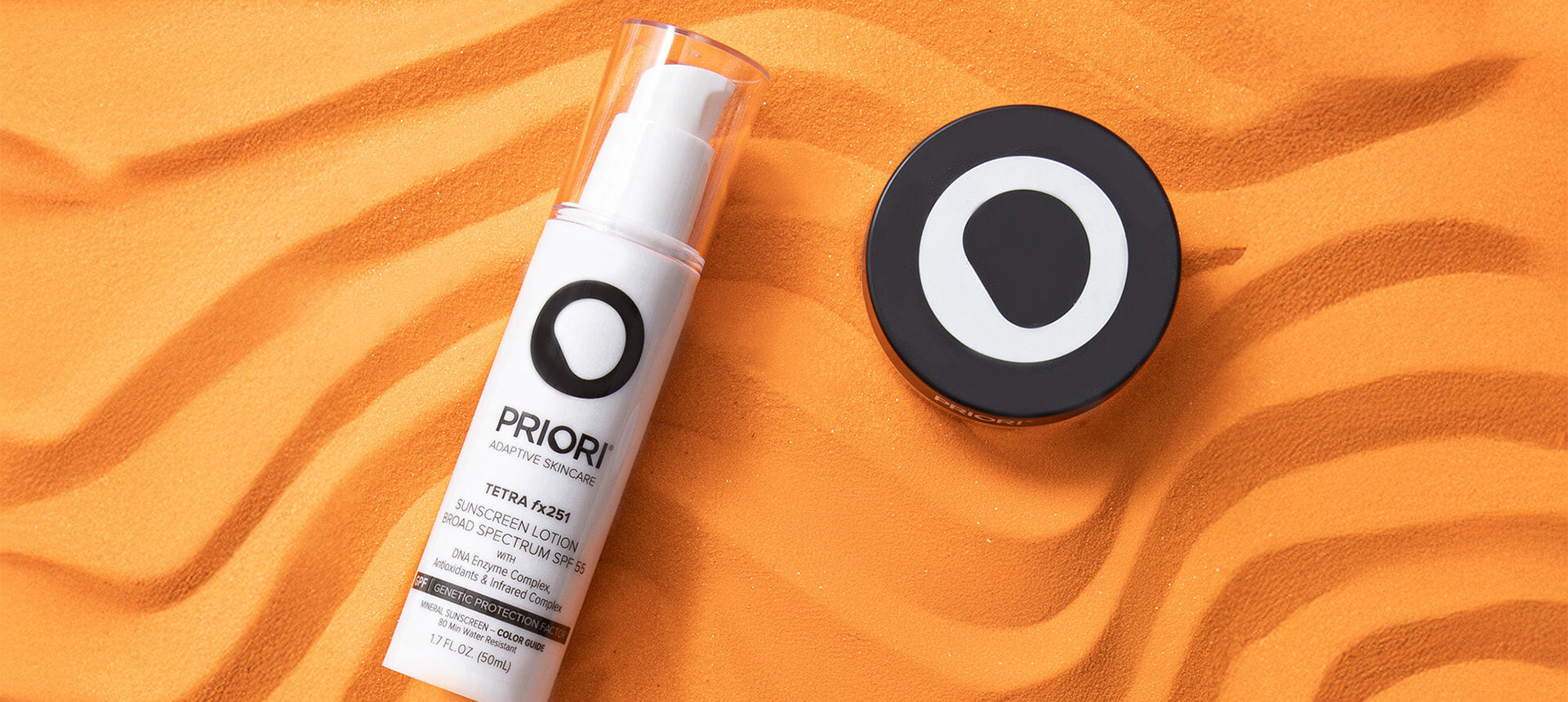 PRIORI Tetra Tinted Matte Finish Sunscreen SPF 55 with Loose Powder Mineral Foundation for summer skin protection against the sun and aging on an orange sand backdrop