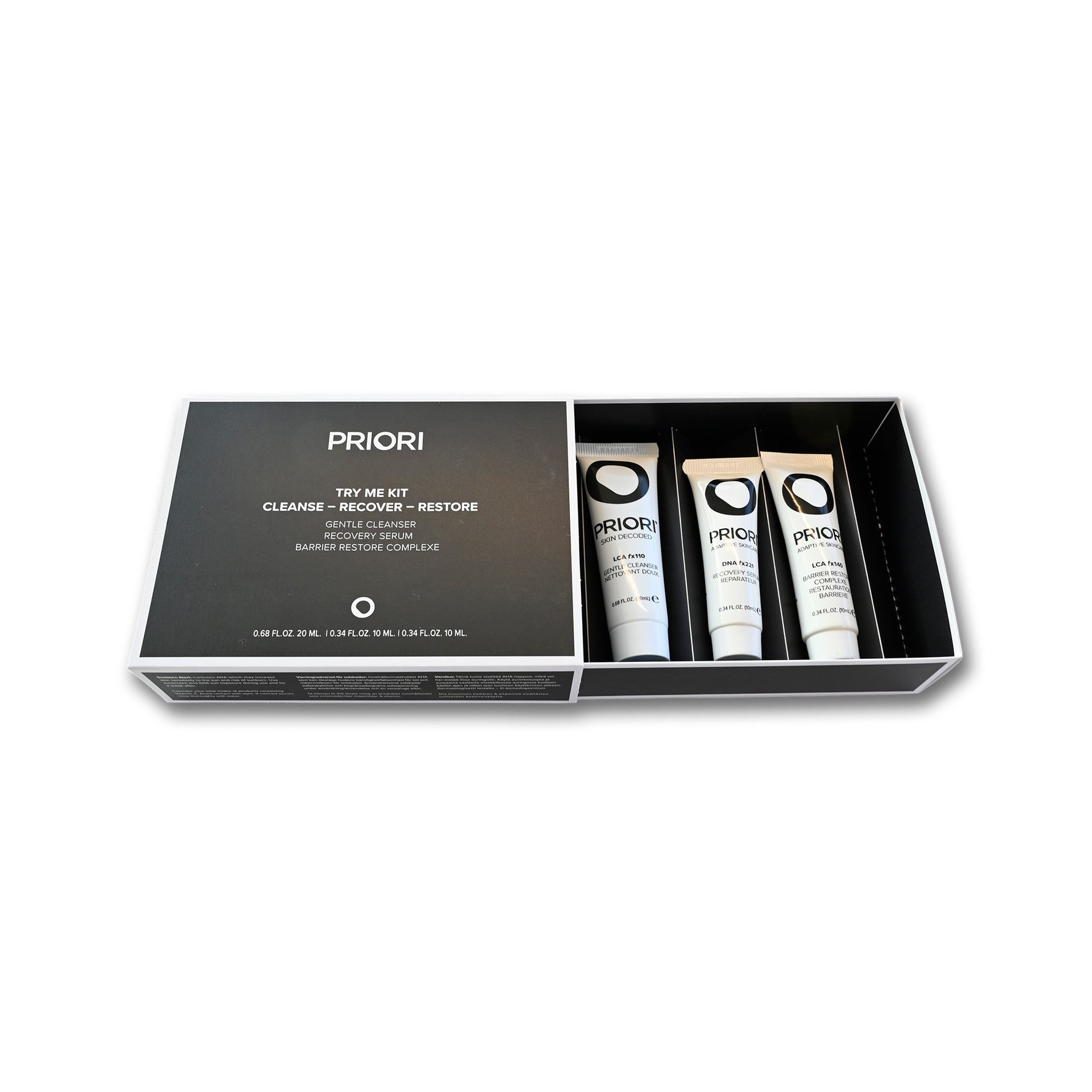 PRIORI Skincare Try Me Kit Complete Skincare Routine Trial Package with Cleanser, Serum and Moisturizer in Gift Box Open View