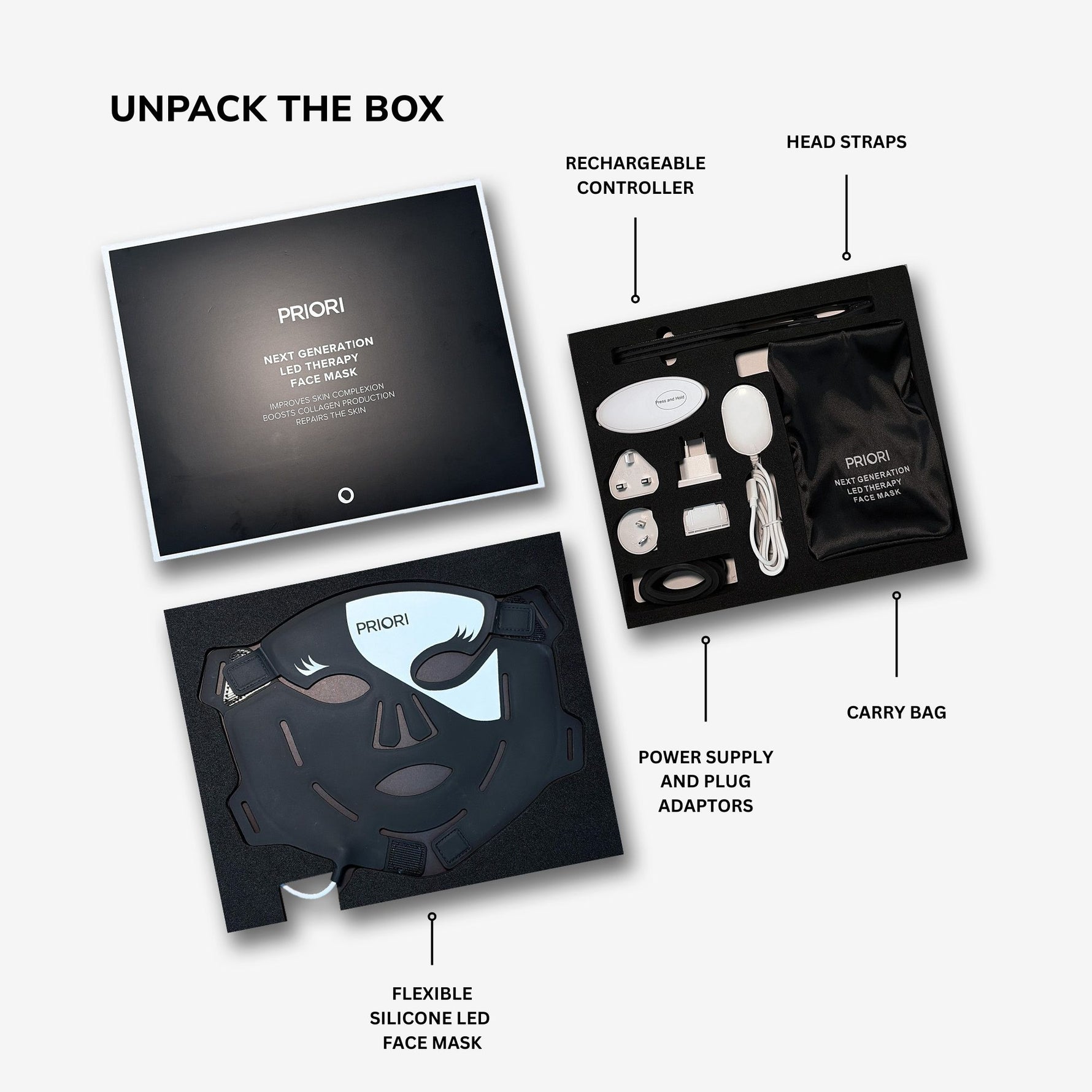 Unpacking the PRIORI Flexible Silicone LED Red Light Therapy Mask showing all contents including carry bag, international adaptors and rechargeable battery controller 