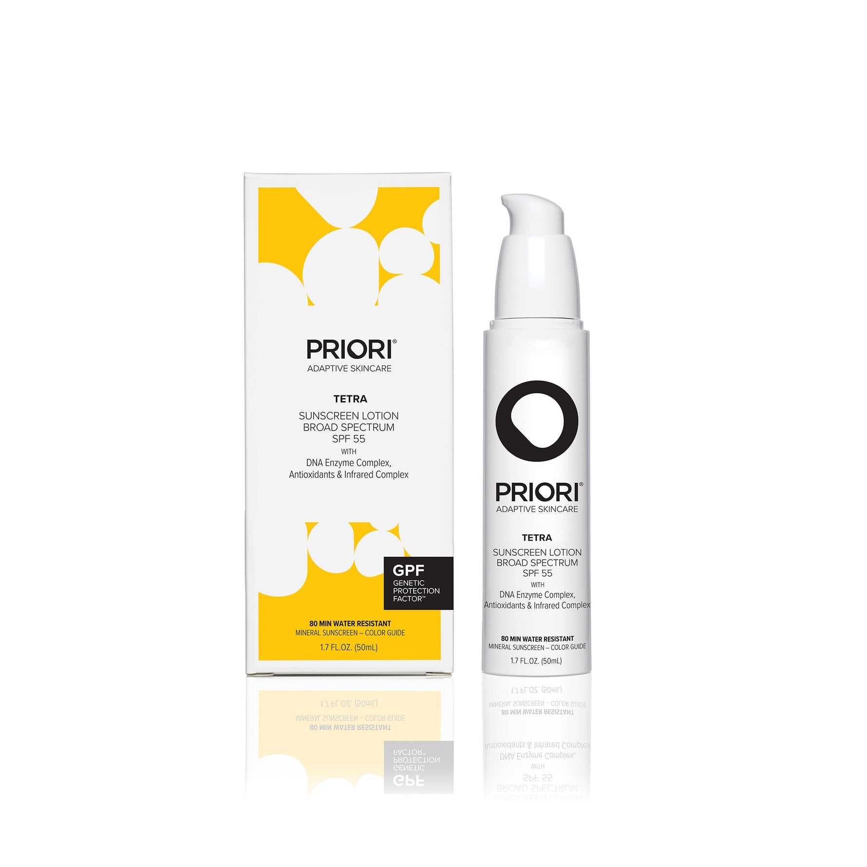 Priori Skincare Professional Spa TETRA Tinted Mineral Sunscreen Lotion Broad Spectrum SPF 55 bottle and packaging
